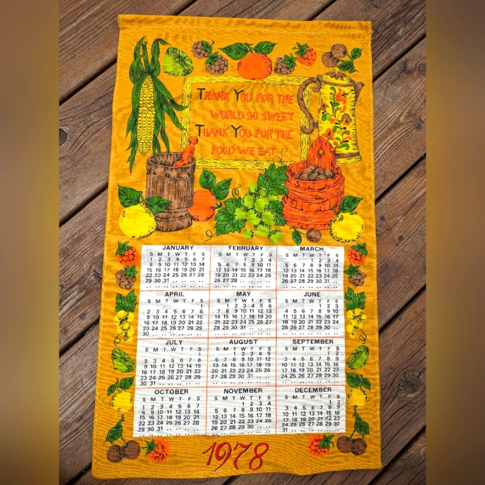 Vtg tea towel calendar 1978 fruits food vegetables